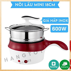 Nồi Lẩu Điện Mini,Ca Nấu Mì Đa Năng - Kèm Giá Hấp,Có Tay Cầm Tiện Dụng 18cm,2 Tầng Cao Cấp