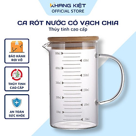 Ly thủy tinh chịu nhiệt chia vạch đo lường nắp gỗ tre hít kín hơi có quai 500ml