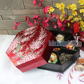 Mua Khay - Hộp mứt đựng bánh kẹo tết sơn mài lục giác 7 ngăn sáng tạo vẽ hoa đào nền đỏ  Mua 1 Tặng 1. HỘP MỨT TẾT SƠN MÀI CAO CẤP. Quà tặng tết 2022 ý nghĩa  sang trọng