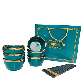 Mua Bộ Bát HAPPY LIFE Chén ăn cơm sứ viền vàng cao cấp tặng kèm 6 đôi đũa