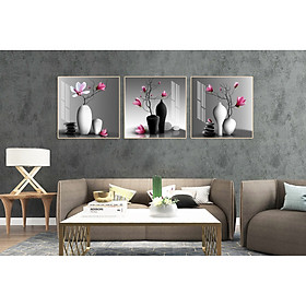 Mua Tranh bộ 3 Bức Vuông - Tranh treo phòng khách-Tranh treo tường BÌnh Hoa H26794 /Gỗ MDF cao cấp phủ kim sa/ Chống ẩm mốc  mối mọt/Bo viền góc tròn