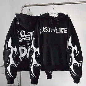 Áo khoác hoodie LOST LIFE MÀU ĐEN VÀ XANH RÊU FORM NGẮN BOXY vải nỉ lót bông unisex khoác ngoài thu đông nam nữ logo in Lost for Life Dark mẫu chui phong cách hàn