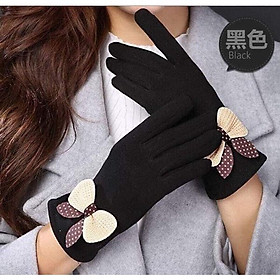 Găng tay nữ đính nơ lót lông cảm ứng chất đẹp siêu ấm áp