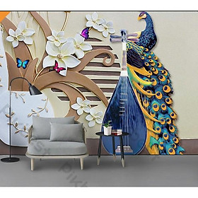 Tranh phong thủy chim công hòa hợp với đàn tranh, Tranh dán tường 3d hiện đại (tích hợp sẵn keo) MS958531