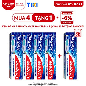 Bộ 4 Kem đánh răng Colgate bạc hà the mát Maxfresh 230g/tuýp tặng bàn chải đánh răng lông mềm