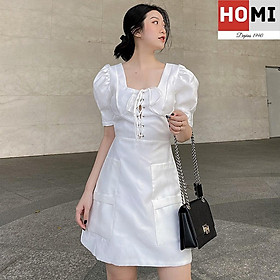 Hình ảnh Đầm trắng cổ vuông thắt dây ngực tay phồng Homi Fashion