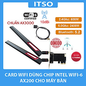 Card WIFI Bluetooth cho PC sử dụng chip Intel WIFI 6 AX200 khe PCI cho tích hợp Bluetooth 5.2  tốc độ 2400M có tản nhiệt