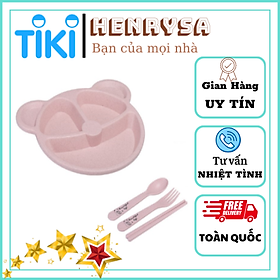 Khay Ăn Dặm cho bé Hình Gấu 3 ngăn tặng kèm bộ muỗng nĩa đũa chất liệu an toàn -Henrysa