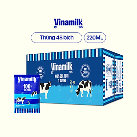 Sữa tươi tiệt trùng ít đường Vinamilk 100% Sữa tươi - Thùng 48 bịch 220ml