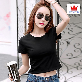 Áo thun Nữ croptop cổ tròn tay ngắn 7 màu cotton lạnh chất đẹp siêu co giãn chống bai xù - Đen,L : (56 kg - 62 kg)