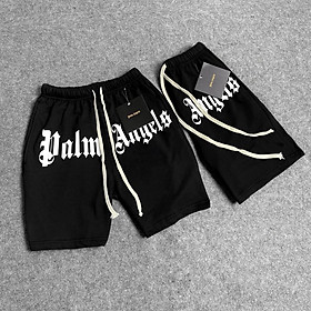 Quần short lửng thun nam đẹp màu đen in chữ Palm Angels thể thao lưng chun dây rút chất nỉ da cá 2 da dày xịn