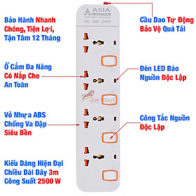 Ổ Cắm Điện Đa Năng Thông Minh Cao Cấp ASIA Chịu Tải 2500W An Toàn Chống Giật Có Cổng USB 5V Sạc Nhanh Dây 3m 5m