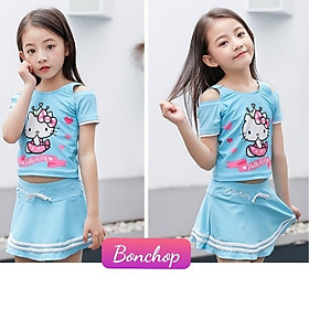 Bộ váy bé gái hình mèo đáng yêu từ 11-40kg. Thun cotton bốn chiều- Kiến Lửa - Xanh - 10