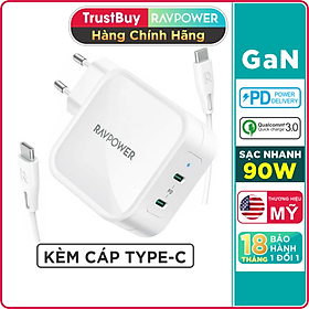 Mua Adapter Củ Sạc Nhanh 90W Công Nghệ GaN 2 Cổng Type-C Sạc Cho Macbook  Laptop  Điện Thoại RAVPower RP-PC128 Kèm Cáp Type-C To C 90W Công Nghệ GaN - Hàng Chính Hãng