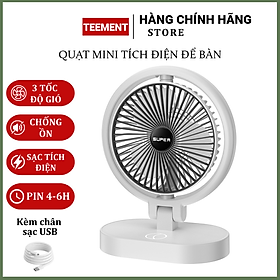 Quạt Để Bàn Tích Điện Mini Cao Cấp Teement,  Tích Hợp Đèn Ngủ Động Cơ Không Tiếng Ồn Pin 1200mah , Điều Chỉnh Lên Xuống 360°, 3 Cấp Độ Gió Siêu Mát Dễ Điều Chỉnh- Hàng Chính Hãng