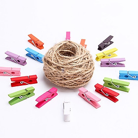 Bộ 20 Kẹp Ảnh Gỗ Nhiều Màu - Tặng Kèm 2m Dây Cói