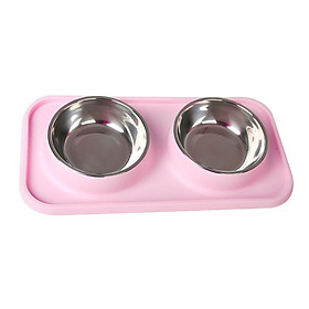 Stainless Steel Pet Cat Food Water Feeding Double Bowl with Plastic Mat Set