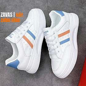 Giày thể thao nữ ZAVAS đế cao 3cm màu trắng bằng da không bong tróc mang êm chân S411 - Giày Sneaker Nữ Chính Hãng - Trắng Sọc Cam - 36