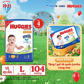 Tã quần Huggies Skin Care Mega Jumbo L100+4 miếng với tràm trà dịu da