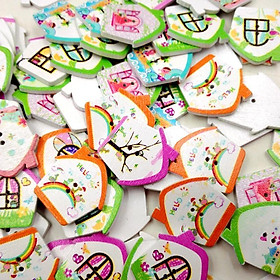 Pack of 100 Colorful Printed House Shape Wooden Buttons with Hole DIY Craft