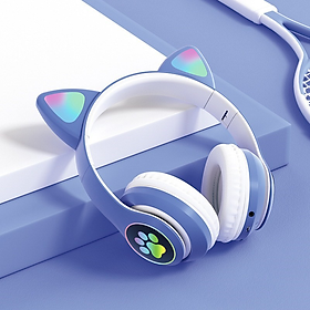 Mua Tai nghe chụp tai kết nối Bluetooth với thiết kế tai mèo dễ thương có thể sử dụng thẻ nhớ kèm theo đèn led RGB cực đẹp