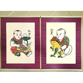 Mua Cặp tranh Đông Hồ Bé ôm Cóc  Bé ôm Rùa - Cặp tranh Nhân nghĩa Lễ trí - Dong Ho folk woodcut painting