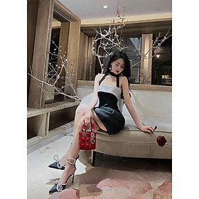 Váy đầm nữ dự tiệc hai dây cúp ngực phối nơ trắng sang chảnh