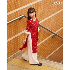 Áo dài bé gái BYZU chất vải đũi sọc cao cấp, thiết kế cách tân cổ tròn phối tay loe (Đan Chi)