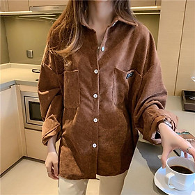 Áo Khoác Sơ Mi Nhung Gân Form Rộng Nam Nữ Unisex Logo Thêu Cá Tính ( KHÔNG NÓN )