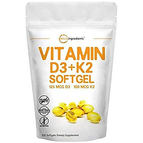 Vitamin D3 5000IU Plus K2, 2 in 1 Formula, 300 Liquid Soft-gels for Better Absorption, Immune Vitamin Complex, Support Your Heart, Teeth and Joint Health, No GMO and Made in USA