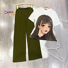 Set Bộ Thun Cô Gái M4 Oversize Tay Lửng Dáng Rộng Phối Quần Thun Gân Ống Rộng Ulzzang - MM