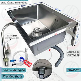 Mua Bộ Chậu Rửa Chén Bát Inox KAZTA Treo Tường Kèm Vòi Lạnh - Ngang 60cm Đủ bộ gồm Chậu  khung treo  xi phông  vòi