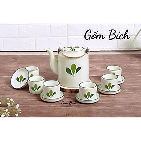 Bộ Ấm Tích Men Kem Vẽ Hoa - Gốm Sứ bát Tràng