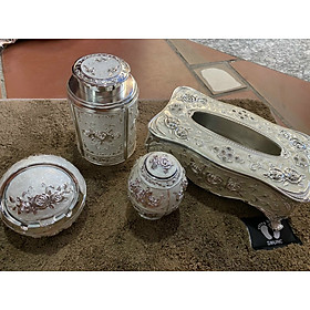 Combo (Hộp đựng giấy ăn+Gạt tàn+Lọ tăm+Hũ đựng trà )phong cách hoàng gia cổ điển cao cấp để bàn mạ màu đồng hoa in nổi
