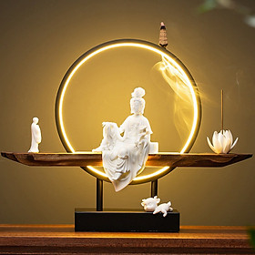 Mua TRỌN BỘ TƯỢNG QUAN ÂM CẦM NGỌC NHƯ Ý VÀ KỆ GỖ ĐÈN LED THÁC KHÓI 10 món