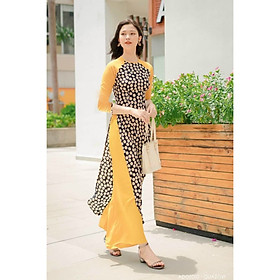 Áo dài nữ vàng đen họa tiết hoa cúc