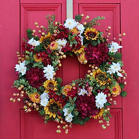 Artificial Peony Flower Wreath for Front Door, 16 Inch Spring Floral Door Wreath for Mother's Day with Greenery Leaves for Wedding, Wall, Home Decor