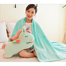 Bộ Chăn Gối Văn Phòng 3in1 (Gấu Bông Có Mền) ngựa kỳ lân Unicorn 60cm (Tặng Kèm 1 Ví Da 12 Ngăn Đựng Thẻ ATM, Card Visit)