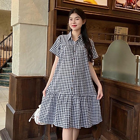 Đầm bầu karo cổ sơ mi phối nút phom đuôi cá dễ thương, trẻ trung diện đi làm, đi chơi - Đen