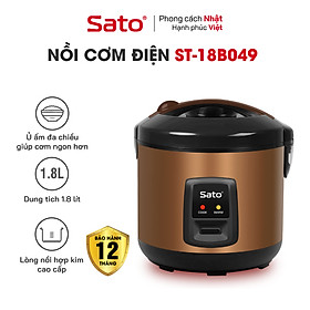 Nồi cơm điện Sato 18B049 1.8L - Dung tích: 1,8L, thích hợp cho từ 4 - 6 người ăn. Lòng nồi bằng hợp kim nhôm phủ chống dính cao cấp, an toàn cho sức khỏe - Miễn phí vận chuyển toàn quốc - Hàng chính hãng