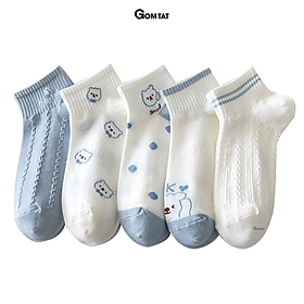 Set 5 đôi tất vớ nữ cổ ngắn GOMTAT họa tiết màu xanh cực dễ thương, chất liệu cotton mềm mịn thoáng mát, êm chân - CB089