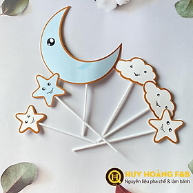 Set cắm mặt trăng, sao, mây giấy trang trí bánh