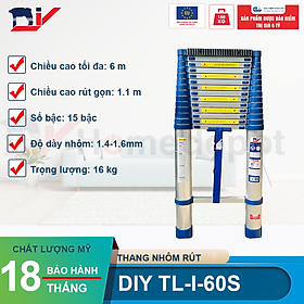 Thang nhôm rút đơn cao cấp DIY TL-I-60S chiều cao sử dụng tối đa 6.0M