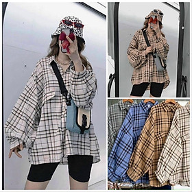 Áo sơ mi caro cánh dơi form rộng oversize túi lệch nắp 4 màu Lovi