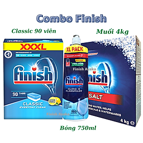 Combo rửa chén Finish: Viên Classic hộp 90 Viên, Muối hộp 4kg, Nước làm bóng 750ml, - Nhập khẩu Châu Âu.