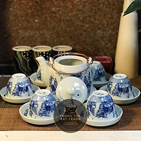 Bộ Ấm Chén Trà Đạo Gốm Trắng Men Lam Bát Tràng Trúc Lâm Thất Hiền Dáng Biến Trúc Đề Lương (Bộ Ấm Chén) ATA 19