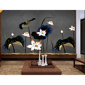 Tranh dán tường Phong cách hoa sen trong đêm tối giản, Tranh 3d dán tường hiện đại (tích hợp sẵn keo) MS643959