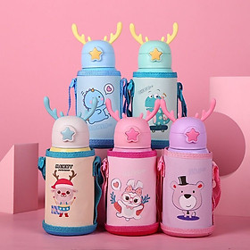 Mua Bình Nước Giữ Nhiệt Inox Cao Cấp 500ml Hình Hươu Cute Cho Bé Có Ống Hút Bao Đựng và Dây Đeo