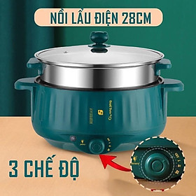 Nồi Lẩu Điện Mini Đa Năng 28CM, Chống Dính Vân Đá Cao Cấp Công Suất 1000W - Tiện Dụng 3 Nấc Nhiệt Kèm Giá Hấp