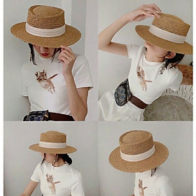 Mũ Cói PANAMA, MŨ CÓI ĐI BIỂN GẮN RUY BĂNG XẾP NẾP SIÊU SANG ( kèm video thật ) - tặng sticker cute